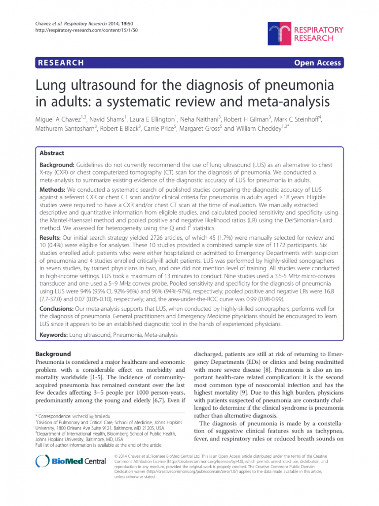 Lung ultrasound for the diagnosis of pneumonia in adults: a systematic ...